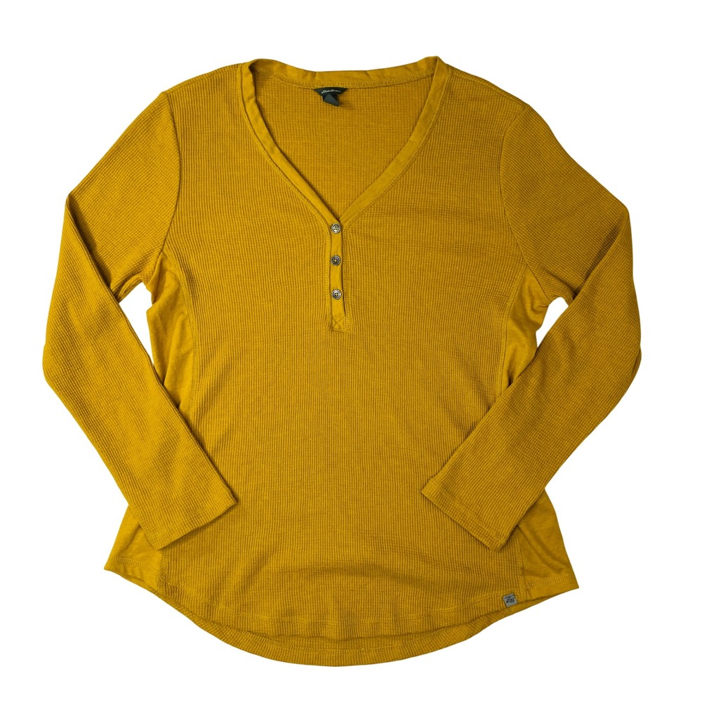 Eddie Bauer Womens Mustard Yellow Waffle Knit Henley Long Sleeve Top Large